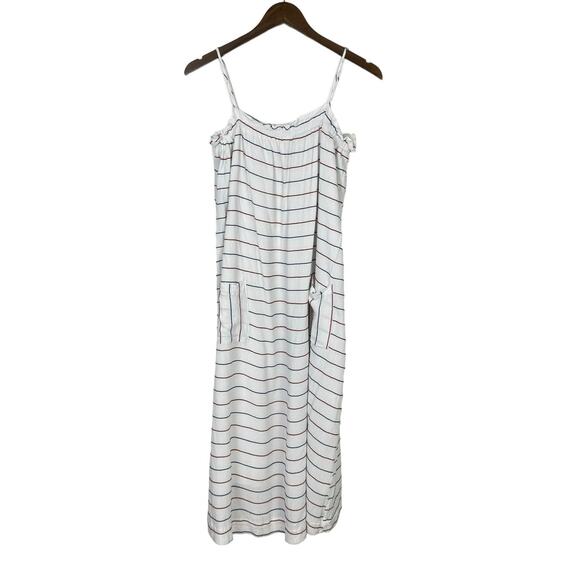 The Good Jane White Crepe Blue & Red Stripe Summer Casual Midi Dress - Picture 2 of 9